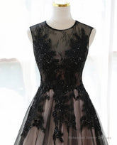 A-line Tulle with Lace Round Neckline Floor Length Party Dress, Black Prom Dress